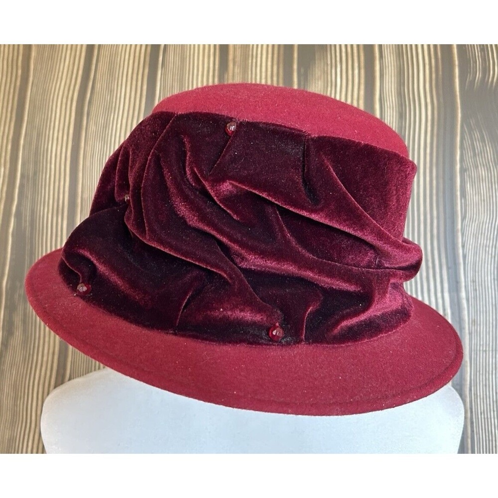 Vintage Betmar NY Wool Bucket Hat Closhe Red Beaded 20s Style Costume Tea Party